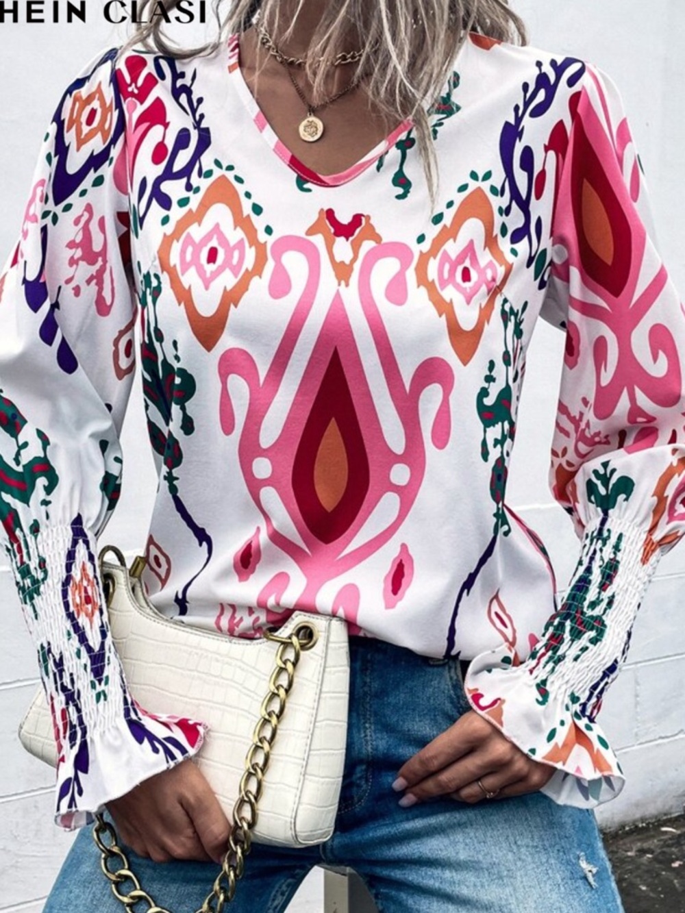 SHEIN White V-Neck Printed Blouse with Pink & Purple Accents